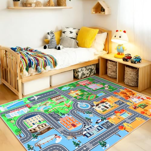 Kinder Autoteppich für Spielzimmer 120 x 160cm, Waschbare Spielmatte | Straßenteppich Kinder, Rutschfester Kurzflor Teppich für Kinderzimmer, Spielteppich für Jungen und Mädchen