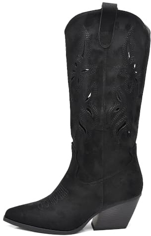 IF Stivali Texani Donna al Ginocchio, Ricami e Lavorazione Traforata, Suola in Gomma Silenziosa,Stile Cowboy Camperos G718 nero 39
