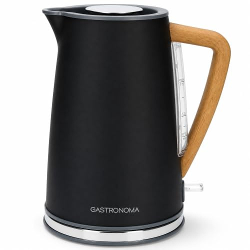 Gastronoma Wasserkocher Edelstahl 1,7 L - Kettle mit Kalkfilter - Schwarz | 2200 W - 360° Pirouettebasis - Wasserkocher - mit Holzoptik