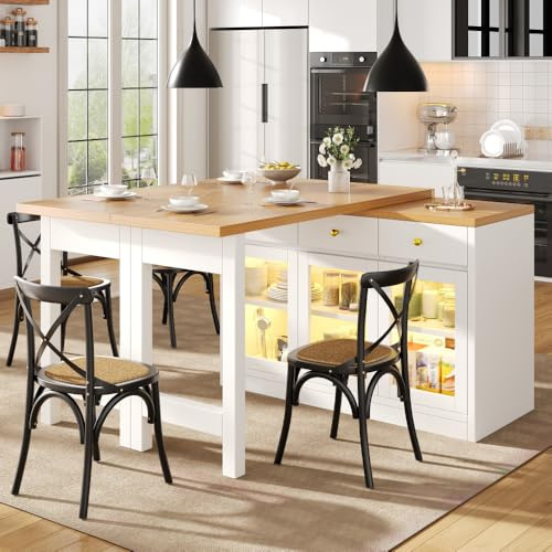 Sapgaks Mesa de comedor, mesa de bar, isla de cocina extensible con iluminación LED, 120-200 cm, 3 cajones y puerta de cristal, control por aplicación, color blanco