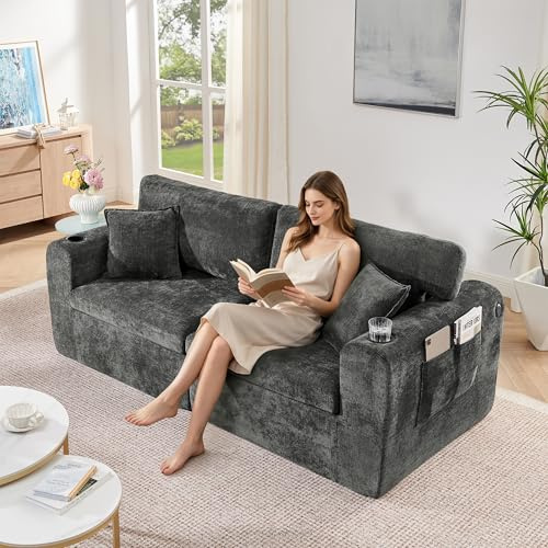 ZIDEY Sofa 2 Sitzer, Chenille Stoff Sofas mit USB,Magazintasche,Getränkehalter und Kissen, Kleine Sofacouch Relaxsofa für Wohnzimmer Schlafzimmer Wohnung Büro,Schwarz