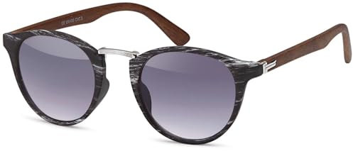 styleBREAKER Damen Panto Sonnenbrille in Holz Optik runde Gläser, Nasensteg aus Metall, Vollrand Kunststoff Gestell 09020083, Farbe:Gestell Schwarz-Silber/Glas Grau Verlauf