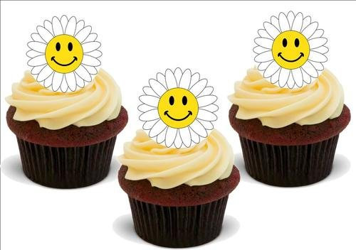 SMILEY DAISY Blume 12 essbare hochwertige stehende Waffeln Kuchen Toppers, SMILEY DAISY Flower 12 Standup Premium Wafer Cake Toppers
