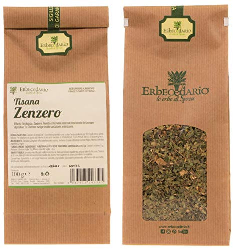 Erbecedario - Zenzero Tisana Digestiva, Infuso che favorisce la digestione e l'eliminazione dei gas intestinali. Tisana antinausea per mal d’auto e mal di mare, Tisana fredda 1 Sacchetto 100g