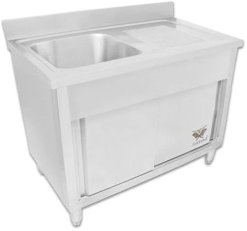 Beeketal 'GSB100SL' Edelstahl Spülschrank mit Spülbecken (links), Abtropffläche und Aufkantung, Unterschrank mit 2 Schiebetüren und justierbaren Stellfüßen, (B/T/H): ca. 1000 x 600 x 940 mm
