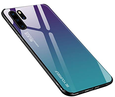 generisch Hülle Kompatibel mit Huawei P30 Pro, Gehärtetes Glas Zurück mit Weichem TPU Silikon Rahmen Handyhülle Farbverlauf Farbe Case Schutzhülle für Huawei P30 Pro (Lila-Blau)