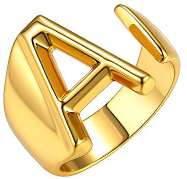 GoldChic Buchstaben A-Z Ring Damen Mädchen Offener Verstellbarer Initiale A Ring Letter Alphabet Initialen A 18K Vergoldet Verstellbar Ring Ringgröße 51.8(16.5)- 62.1(19.8)