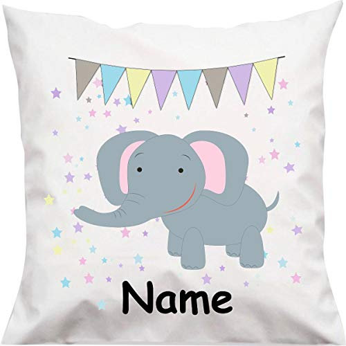 ShirtInStyle Kopfkissen, Elefant mit Wunschname, Text, Wunschtext, Kindermotiv, Wimpelkette, Girlande, Sterne, Kinder Kinderzimmer Deko, Dekokissen mit Füllung, Motiv, Logo, Name, Größe 40x40cm