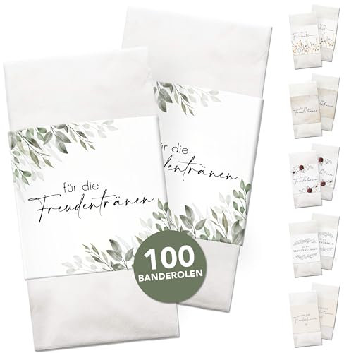 Freudentränen Taschentücher Banderole inkl. Klebepunkte zum verschließen - Taschentücher Hochzeit Freudentränen - Vintage - Taschentücher Kirche - Hochzeits Ideen - Eukalyptus 100 Stück