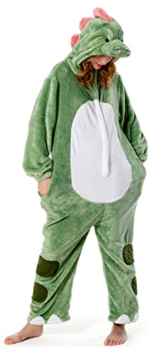 OLAOLA Erwachsene Dinosaurier Einteiler Tier Pyjama Flanell Homewear Nachtwäsche Halloween Cosplay Kostüm Overall für Frauen Herren