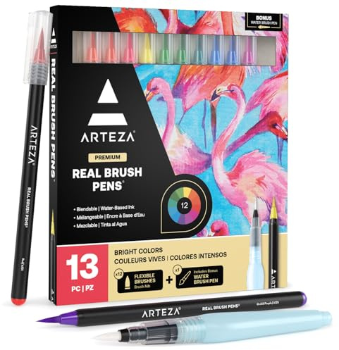 ARTEZA Real Brush Pens, Set of 12, Bright Tones, Blendable Watercolor Markers and 1 Water Brush, Art Supplies for School, Home, and Office