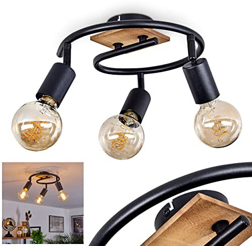 Deckenleuchte Maidford, runde Deckenlampe aus Metall/Holz in Schwarz/Natur, 3-flammig, mit verstellbaren Strahlern, 3 x E27-Fassung, Spot im Retro/Vintage Design, ohne Leuchtmittel