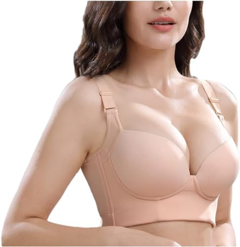Women's Deep Cup Bra Hides Back Fat Shapewear Smooths Your Back and Underarms Full Back Coverage Push Up Sports Bra(L,Skin Color)