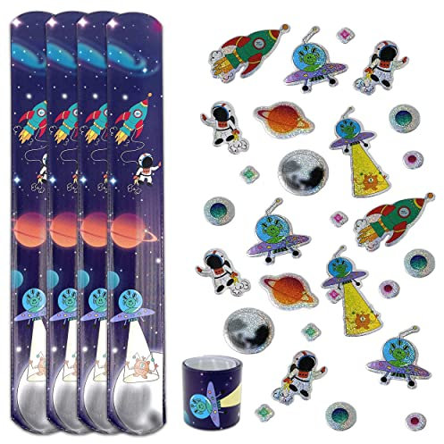 Weltraum Schnapparmband Sticker Set - Knickarmbänder und Aufkleber Weltraum Set | Klatscharmband für Astronaut Kindergeburtstag Mitgebsel | Armband als Kinderparty Giveaway Gastgeschenk (5x Weltall)