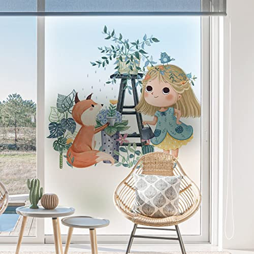 Milchglasfolie Mädchen Eichhörnchen Fensterfolie Bunt Blickdicht Sichtschutzfolie Fenster Selbsthaftend Klebefolie Fenster Sonnenschutz Kinderzimmer Sichtschutz 70×120cm