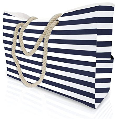MULTIONS Extra große XXL Strandtasche Damen Tragetasche mit wasserdichtem Reißverschluss Oben, 7 Taschen für Reisen, Fitnessstudio, Schwimmen und Strandurla(XL, Navy Blue Stripes)