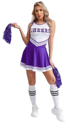 renvena Damen Cheer Leader Kostüm Set Minikleid mit Pompons Strümpfe Karneval Halloween Fasching Cosplay Outfit Party Tanz Kostüme Violett S