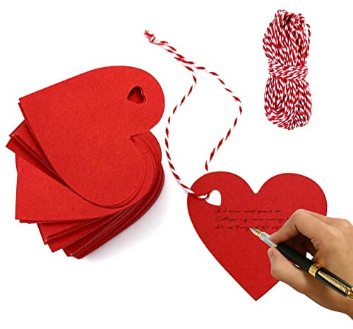 100 Stück Herz Geschenkanhänger,Personalisiert Geschenkanhänger,Rot Kraftpapier Etiketten,Kraftpapier Anhänger Etiketten,Herz Deko mit 10m Schnur für Hochzeit,Geburtstag Valentinstag,Weihnachten(Rot)