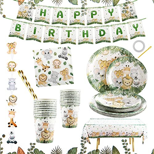 Assiette Jetable Anniversaire Jungle Animaux 126 pcs vaisselle jetable anniversaire, vaisselle anniversaire, Thème des animaux de la jungle, adulte ou enfant, ensemble de vaisselle de fête.