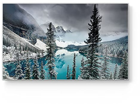DEQORI Frühstücksbrett Glas | klein 23x14 cm | Motiv Moraine See im Winter | Design Schneidebrett für Küche | Frühstücksbrettchen antibakteriell & rutschfest | Glasplatte & Servierplatte
