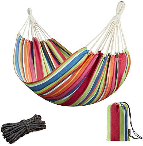 JoyView Brasilianische Hängematte für einzelne Preson, tragbare Hängematte mit Seilen zum Aufhängen und Tragetasche, groß, 200.2x100.1 cm, perfekt für den Außen- und Innenbereich, farbige Streifen