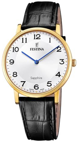 Festina Swiss Made Herrenuhr Analog aus Leder Schwarz | Quarzwerk, Widerstandsfähiges Saphirglas, Wasserdicht 5 ATM Elegant F20016/5 Classic Leather