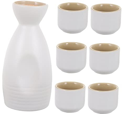 Mobestech Juego de Cerámica para Servir Sake, 1 Set Blanco, Estilo Japonés | Capacidad 25ml y 250ml, Diseño de Cuello Estrecho, Apto para Microondas y Agua Caliente