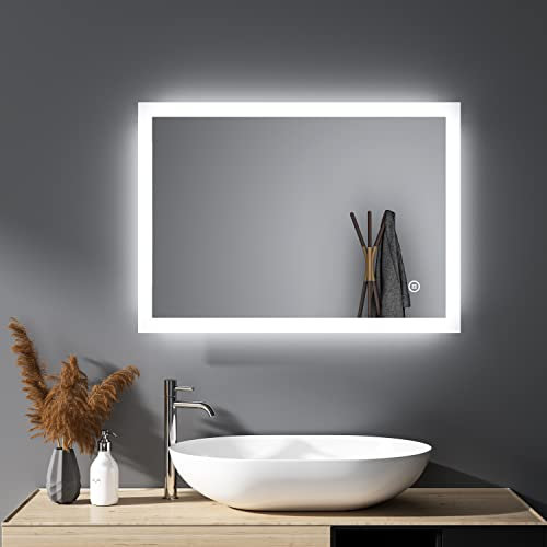 HY-RWML Badspiegel mit Beleuchtung 70x50cm Badezimmerspiegel Touch Schalter 3 Lichtfarbe Rechteckiger Wandspiegel Warmweißes Kaltweiß 6500K Energieklasse A++ für Badezimmer Wohnzimmer