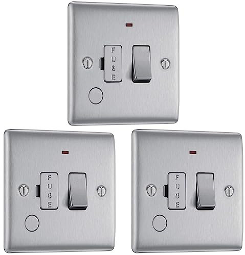 BG Electrical Switched 13A Fused Connection Units with Power LED Indicator, and Flex Outlet, Brushed Steel (Pack of 3)