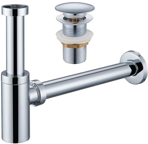 Ulytid Siphon mit Ablaufgarnitur Waschbecken ohne Überlauf, Universal Röhrensiphon Abflussrohr + Ablaufventil Pop Up Abflussstopfen, Chrom Höhenverstellbar Siphon mit Reinigungsöffnung