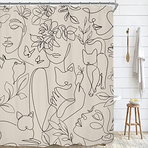 Riyidecor Lot de 12 rideaux de douche abstraits pour décoration de salle de bain, motif floral, chat, noir, beige, lignes artistiques, esthétiques, minimalistes, visage, corps, plantes, tissu