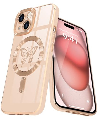 Lafunda Coque Magnétique pour iPhone 15 Coque Compatible avec MagSafe, Etui pour iPhone 15 avec Motif de Papillon Protection Antichoc Anti Rayures Rose