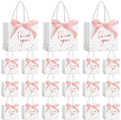 Jetec 45 Pcs Mini Paper Gift Bag Bulk 5.5 x 4.7 x 2.5'' Small Thank You Favor Bag with Handle Bow Ribbon for Valentine Wedding Baby Bridal Shower Birthday Party(White/rose Gold)