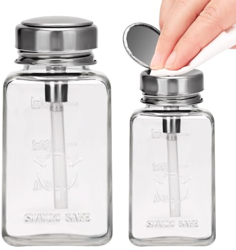 BARBERPLAN 100ML Pump Dispenser Bottle, Square Metal Flip Cover 2 Pack Clear Glass Bottle for Nail Polish Remover, Makeup Remover, Alcohol