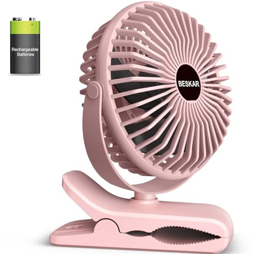 BESKAR Portable Clip on Fan Rechargeable, 4 Speeds Small Battery Operated Fans, USB Desk Fan with Strong Airflow, Sturdy Clamp Fans for Golf Cart Office Outdoor Travel Camping