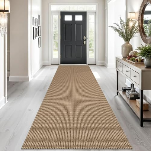 Ivissy Geflochtener Läufer, 90 x 3 m, waschbar, Läufer für Flur, rutschfest, Baumwolle, langer Eingangsbereich, für Innenbereich, gewebter Teppich für Flur, Küche, Eingang, Orange/Hellbraun/Braun
