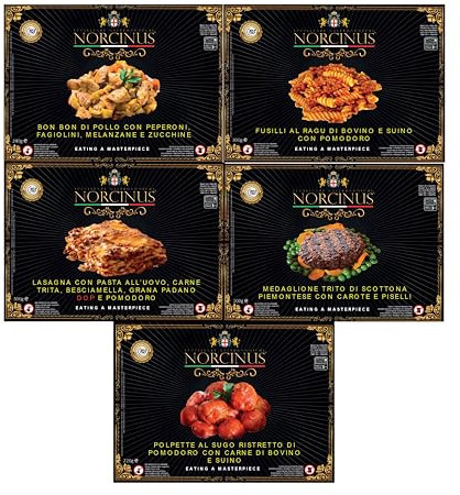 Norcinus selezione di 5 piatti pronti Gourmet da materie prime di eccellenze gastronomiche italiane, con carne.