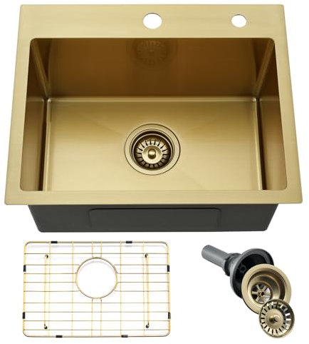 Jshozzy Fregadero de cocina dorado de 20 x 16 pulgadas, de acero inoxidable de calibre 16, de acero inoxidable de calibre 16, fregadero de cocina profundo con colador de drenaje
