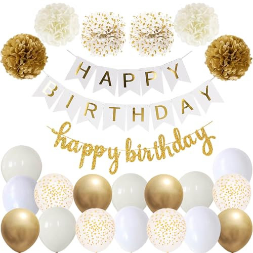 Happy Birthday Weiß Gold Geburtstag Party Deko Set Geburtstag Girlande Luftballons Weiß Gold Ballons 6 Pompoms Geburtstagsdeko Mädchen