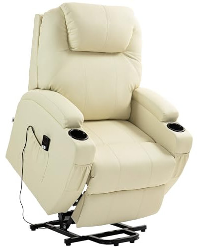 HOMCOM Fernsehsessel mit Aufstehhilfe Elektrisch Relaxsessel mit Liegefunktion, TV-Sessel mit Becherhalter, Seitentasche und Fernbedienung, Kunstleder, Creme