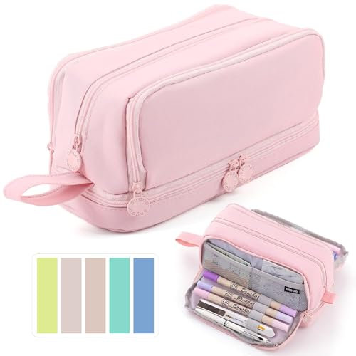 Large Capacity Pencil Case, Pencil Pouch with Sticky Note and 4 Compartments Multifunctional Stationery Organizer for Girls Boys, Office Makeup Bag Portable Pen Bag for Students Women Men (Pink)