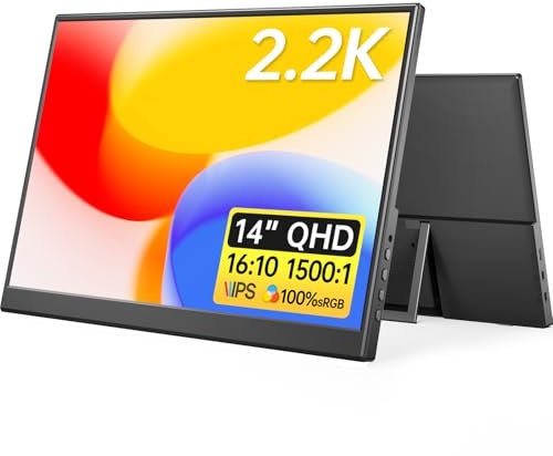 Yxk Portable Monitor 14 inch 2.2K QHD USB C HDMI Ultra-Slim IPS Travel Display w/Smart Cover & Speakers, HDR Plug&Play, External Monitor for Laptop PC, Phone,Mac