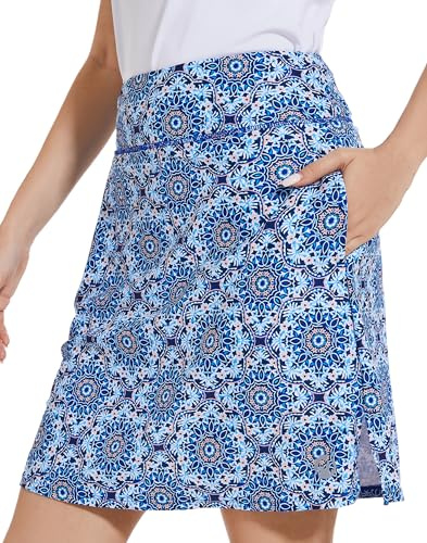 M MOTEEPI Tennisrock Damen 20'' Knielang Rock Mit Hose Drunter Damen Hohe Taille Hosenrock Skort Skirt for Women Golfrock Sportrock Innenshorts Blaue Vektorblume M