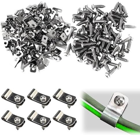Morsetti per Recinzione da Giardino,Morsetti per Recinzione,100 Pezzi,Clip di Fissaggio per Recinzione Agricola, in Acciaio Inox Tipo R, Con viti, Adatti per 12 – 16 Calibro Saldato