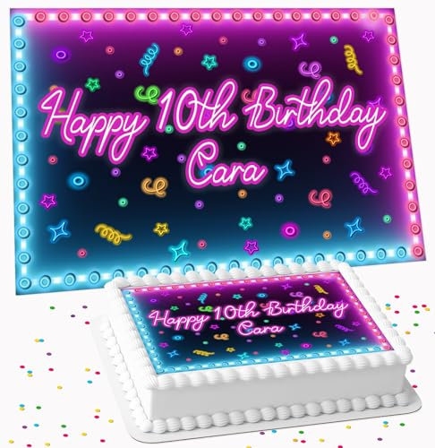PINK & BLUE NEON BIRTHDAY PERSONALISED ICING EDIBLE LARGE CAKE TOPPER DECORATION SUITABLE FOR USE ON COSTCO CAKE R3-351