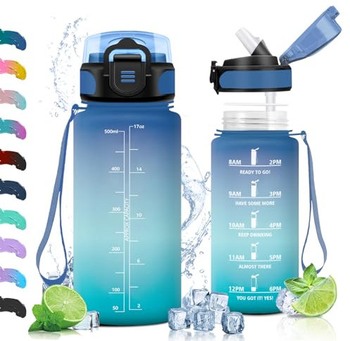 Vikaster Botella, 0.5l Botella con Pajita, Botellas Agua Niños sin BPA, a Prueba de Fugas, Fácil de Abrir, Botellas Reutilizable, Gimnasio, Running, Niños, Adulto, Bicicleta