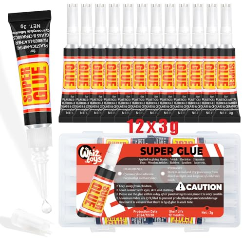 12 x 3g Super Glue, Disposable, Transparent, Strong Adhesive, Fast Drying Super Glue, Cyanoacrylate (CA) Glue for Wood, Plastic, DIY Crafts, Leather, Jewelry, Metal and More