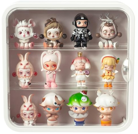 Transparente Vitrine für Figuren, Wandmontage, klare Displaybox, 3 Ebenen, Verstellbarer Acryl-Displaybox-Ständer mit magnetischer Tür für Mini-Actionfiguren, Pop-Mart-Sammlerstücke, Weiß