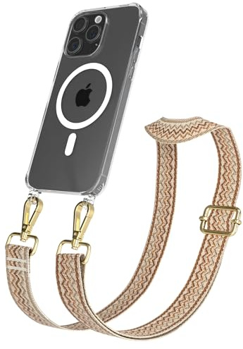 EAZY CASE Handykette - Verstellbares Taschenband kompatibel mit iPhone 15 Pro Max, Schulterriemen, Handykordel mit Silikon Hülle, Qi Charging kompatibel, Umhängetasche, Beige Braun Gold