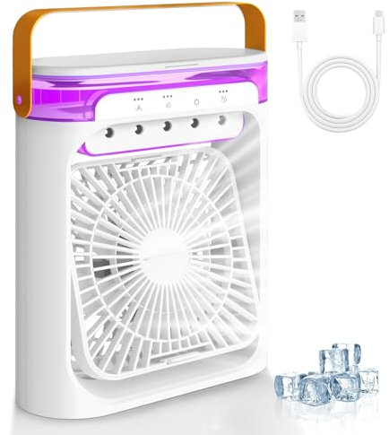 smtfcty Mini Aire Acondicionado Portatil 4 en 1 Enfriador de Aire Pequeño con 600 ml Tanque, 3 Velocidades, 3 Nebulización, 2-6H Cronometrado, 6 LED Ventilador Refrigerador para Dormitorio Oficina